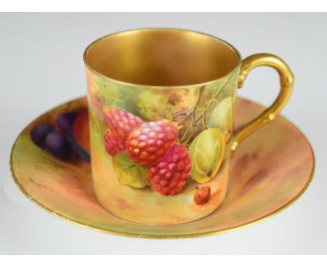 Royal Worcester painted fruit coffee can and saucer decorated with peaches,&nbsp;cherries,&nbsp;blackberries and hazlenuts,&n