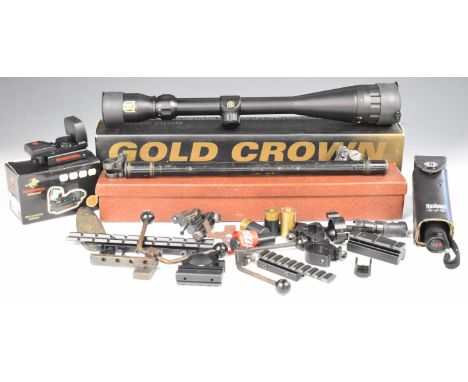 A collection of gun sights, scope and parts including Nikko Stirling Gold Crown 6-24x42 AO, Lyman All-American Hunting Scope,