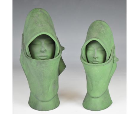 Two painted green terracotta busts in the Goldscheider style but possibly 'Sardinian Woman' by Massiosa Ceramics, tallest 24c