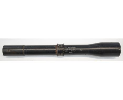 British WW2 military sniper rifle scope marked 'TEL STG No 53 Mk.I OS 1075 GA A K &amp; S No 947 1944', 28.3cm long.&nbsp;