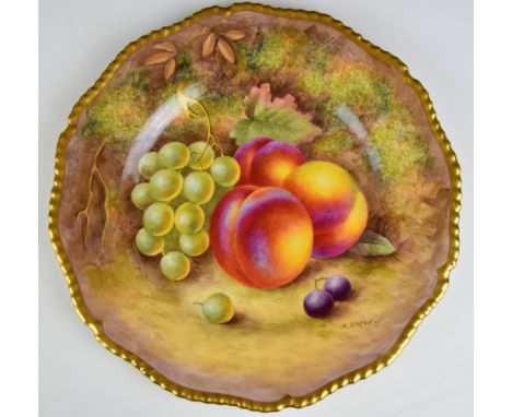 Royal Worcester painted fruit cabinet plate with gadrooned and gilded rim, signed Ayrton, diameter 24cm