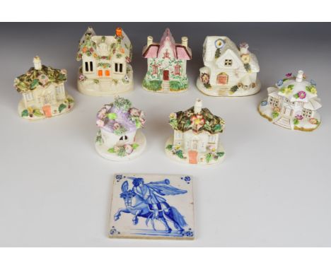 19thC Staffordshire pastille burners, Coalport example, 19thC tile etc, tallest 13cm