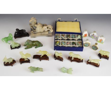 Collection of Chinese jade / hardstone or similar animals and porcelain snuff bottles, tallest 14cm