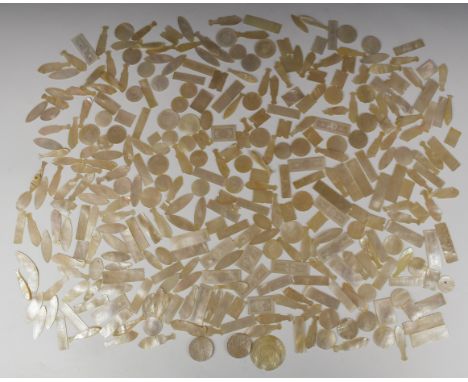 Approximately three hundred and twenty nine (329) 19thC Chinese engraved mother of pearl gaming counters comprising one hundr