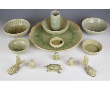 Collection of Chinese celadon ceramics including a large platter, vase &amp; dishes, largest diameter 36cm