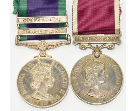 British Army medal pair comprising General Service Medal with clasps for Rafan and South Arabia together with Regular Army Lo