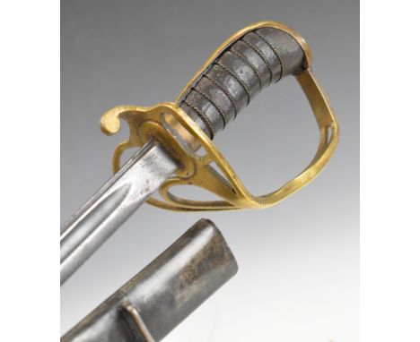 Possible Police sword with leather covered and wire bound grip and stamped Whites London to 72cm fullered blade and scabbard.