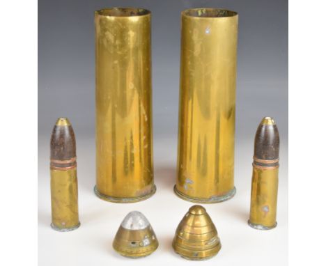 Pair of WW1 shell cases, trench art Somme case, fuses including BSC no 85, no 80 etc, tallest 29cm