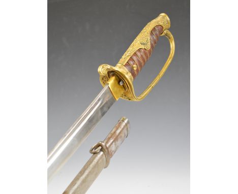 Shortened continental sword with brass knucklebrow, leather covered grip, 64cm fullered blade and scabbard.&nbsp;PLEASE NOTE: