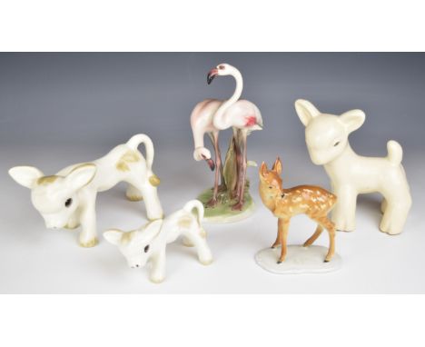 Art Deco and later animal and bird figures including Keramos flamingos, Midwinter Peggy the calf in two sizes, Denby pottery 