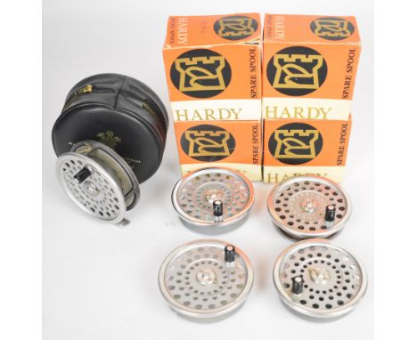 Hardy Brothers fly fishing reel 'The Marquis #7' with four boxed spare spools, the reel in soft Hardy case
