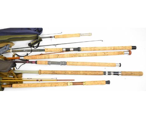 Eight spinning and salmon fly fishing rods including split cane examples, Ron Thompson 'Taupo', Daiwa Osprey Supreme, Dam, Le
