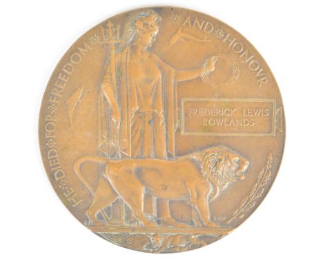 WW1 Memorial Plaque or Death Penny for Frederick Lewis Rowlands