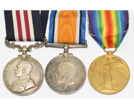 WW1 Hampshire Regiment Military Medal trio comprising Military Medal, War Medal and Victory Medal named to 28282 Pte J T Coat
