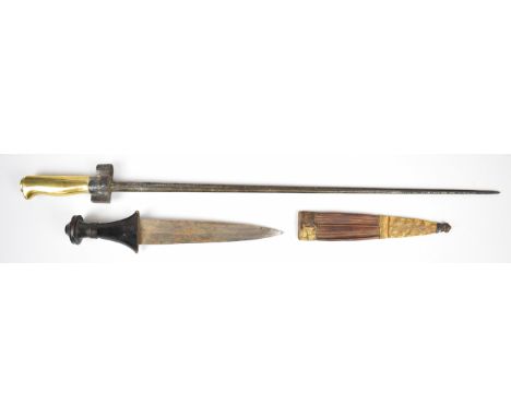 French 1886 pattern Lebel bayonet without quillon, with brass grip and 51cm cruciform blade, together with a tribal knife wit