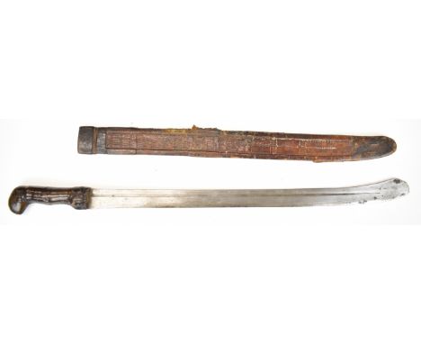 African tribal executioner's or similar sword with leather covered grip, 52cm blade and scabbard.&nbsp;PLEASE NOTE: WE ARE NO