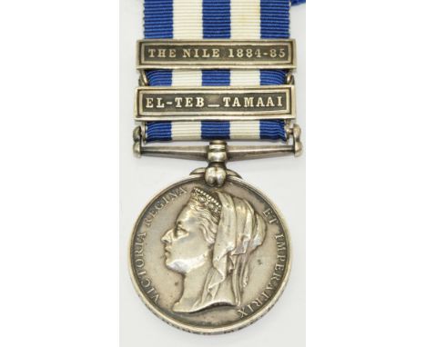 British Army Egypt Medal 1882-89 with clasps for The Nile 1884-85 and El-Teb-Tamaai named to 5221 Pte A J Gardner, Medical St