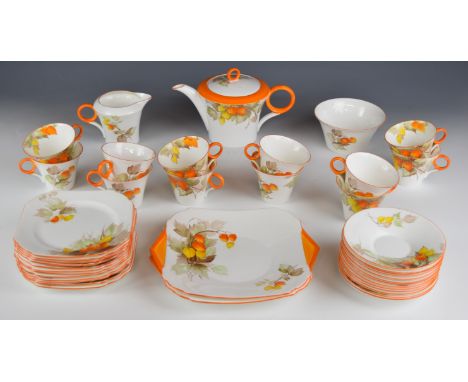 Shelley Art Deco twelve place setting tea set decorated in the Nasturtium pattern, forty one pieces including two cake plates