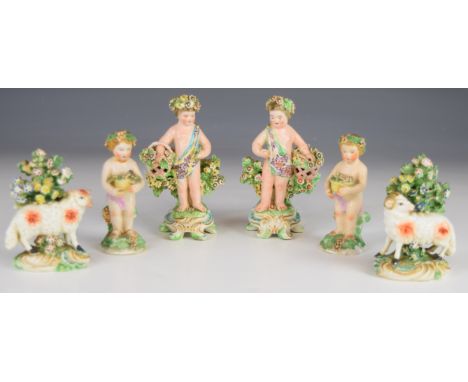 Six 19thC Derby and Chelsea style putti and lambs with flowers, tallest 13cm