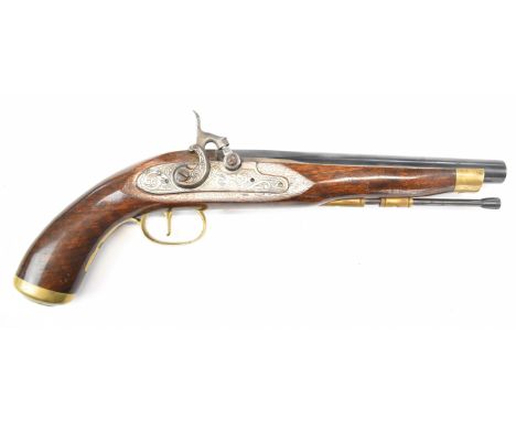 Dikar of Spain .45 percussion hammer action pistol with engraved locks and hammer, brass trigger guard and mounts, steel ram-