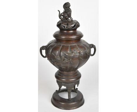 Chinese bronzed metal large censer with Dog of Fo finial and relief moulded decoration of birds, H49cm