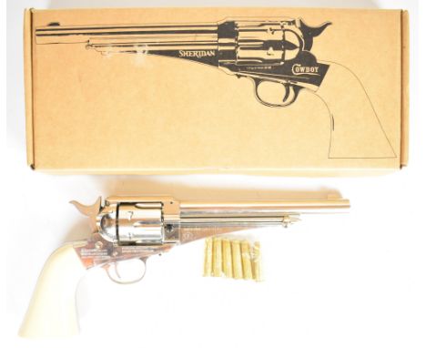 Sheridan Cowboy SRCB&nbsp;.177 air pistol with faux ivory grips and fixed sights, serial number 22M018249, in original box.&n