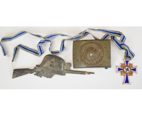 German WW2 Nazi Third Reich 'Mit Gott Uns' belt&nbsp;buckle, bronze Mother's Cross and an alloy badge