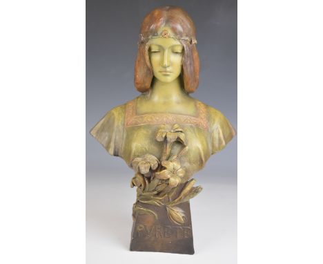 Goldscheider Art Nouveau bust 'Puret&eacute;' girl with garland in her hair and flowers in relief emanating from the plinth, 