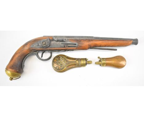 Decorative flintlock pistol with lock signed Hawkins and 9.5 inch decorative barrel together with two copper and brass pistol