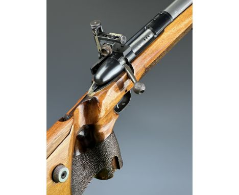 Wichita 7.62 bolt-action target rifle with shaped and textured thumb-hole grip, adjustable trigger, butt plate and comb, full