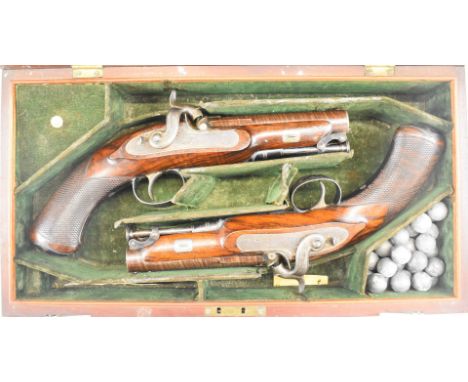 A pair of William Bond of London 16 bore percussion hammer action pistols, each with named and engraved lock, engraved hammer