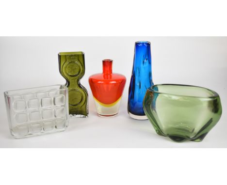 Five glass vases comprising Whitefriars Knobbly vase in Kingfisher blue, James Hogan for Whitefriars lobbed vase in Sea Green