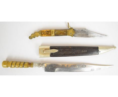 Two continental knives comprising a Spanish Navaja folding pocket knife with horn and brass 'lobster tail' handle and 9.5cm b