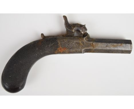 Parker Field &amp; Sons of London percussion hammer action pocket pistol with engraved lock, hammer, top plate and thumb safe