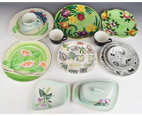 Art Deco and mid century modern ceramics including Gray's Pottery floral charger, Midwinter Homemaker tea ware, Carltonware e