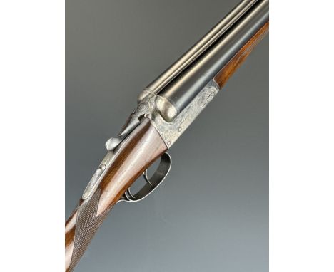 AYA No 3 12 bore side by side shotgun with named and engraved locks, engraved underside trigger guard, top plate, thumb lever