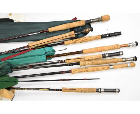 Six fly fishing rods including Hardy, Vantage travel, Marcus Warwick 'Speedstrike', Silstar and other carbon fibre examples