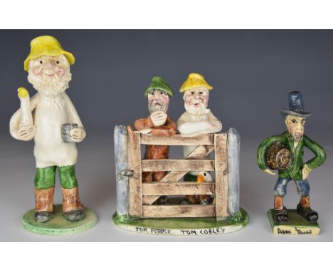 Three Alan Young Devon Pottery figures comprising Tom Pearse and Tom Cobley at a gate, farmer with a goose and 'Arry 'Awke, t