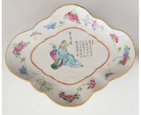 19thC Chinese pedestal shaped dish with enamelled decoration of a scholar / elder with script, floral surround, peaches / pom