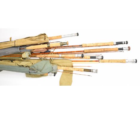 Ten mostly split cane fly fishing rods including 'The Manifold', Hardy Viscount Grey Palakona, The Scotia by Alex Marin, The 