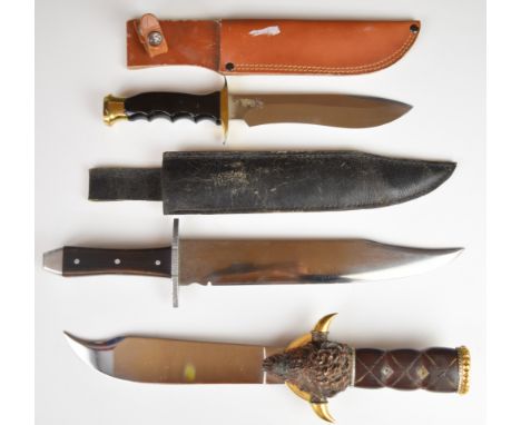 Three hunting knives including Franklin Mint style buffalo knife and a Muela etc, longest blade 26cm.&nbsp;PLEASE NOTE: WE AR