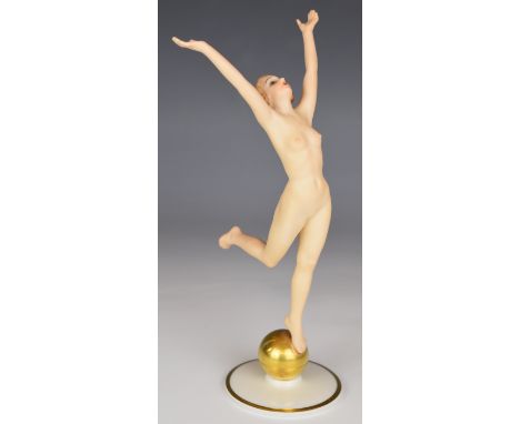 Hutshenreuther 'Sun Child'&nbsp;by K Tutter Art Deco nude figurine of a dancer on a gold ball, H22cm