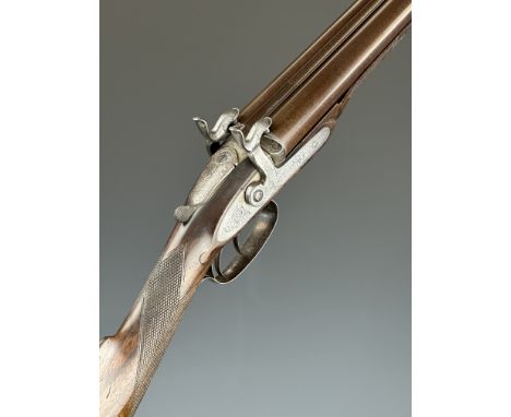 Westley Richards 12 bore bar-in-wood pinfire side by side hammer action shotgun with named and engraved locks and thumb lever
