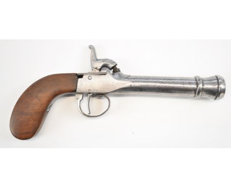 Belgian percussion&nbsp;hammer action pocket pistol with shaped wooden grip and 4.5 inch smooth bored cannon barrel, overall 