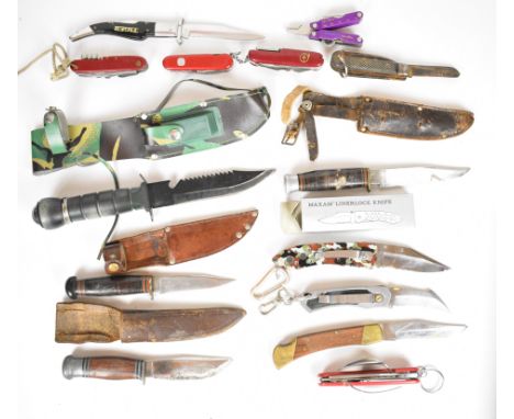 Collection of hunting knives and pocket knives including William Rodgers 'I Cut My Way' and Johnson Western Works, all with s