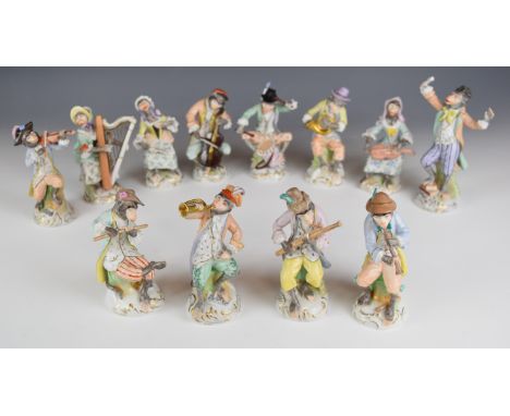 Dresden set of twelve monkey band figures, tallest 17cm