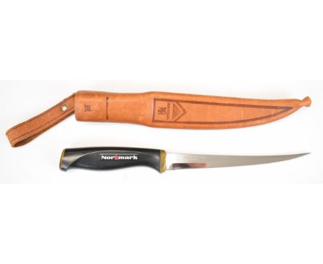 Fiskars of Finland hunting / filleting knife with Normark to grip, a 16cm blade and leather sheath.&nbsp;PLEASE NOTE: WE ARE 