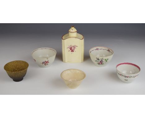 18thC creamware tea caddy and cover, 18thC tea bowls and a stoneware pottery tea bowl with Oriental mark to base, tallest 14c