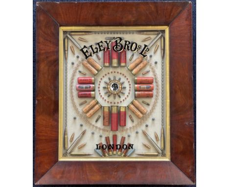 Eley Brothers Ltd shotgun and rifle cartridge, primer and bullet shop or advertising display board featuring various cartridg