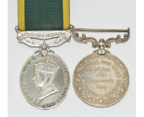 Territorial Army Efficiency Medal named to 887112 J W Grice, RA, together with an Indian Army example renamed to 9303231 Hav 